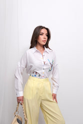 Özel Tasarım Nakış İşlemeli Oversize Uzun Kollu Gömlek 4823 - Beyaz